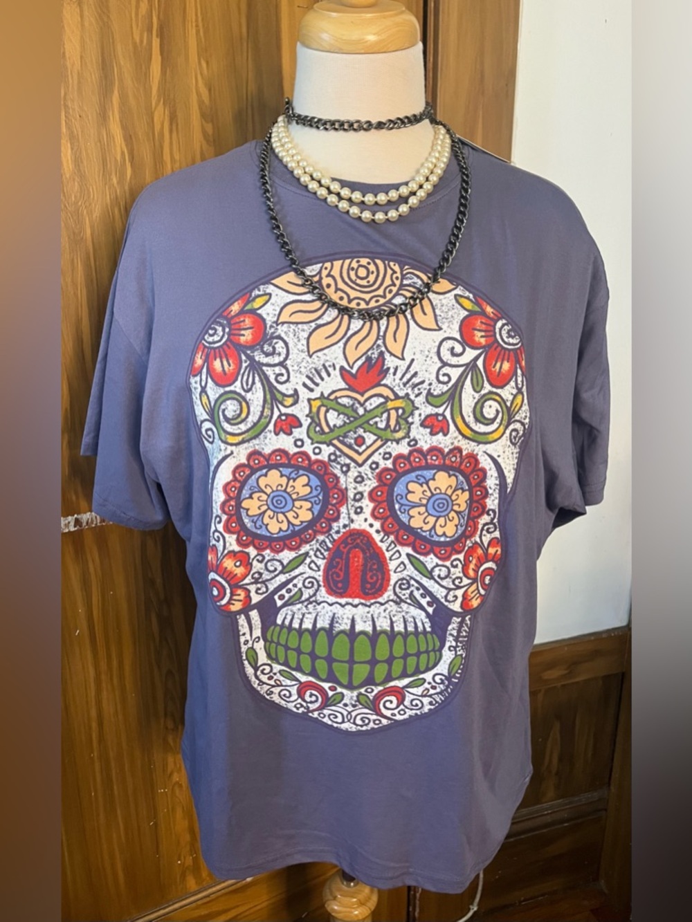 “Hasta Siempre”Women’s Purple Short Sleeve Tee with Colorful Sugar Skull Graphic